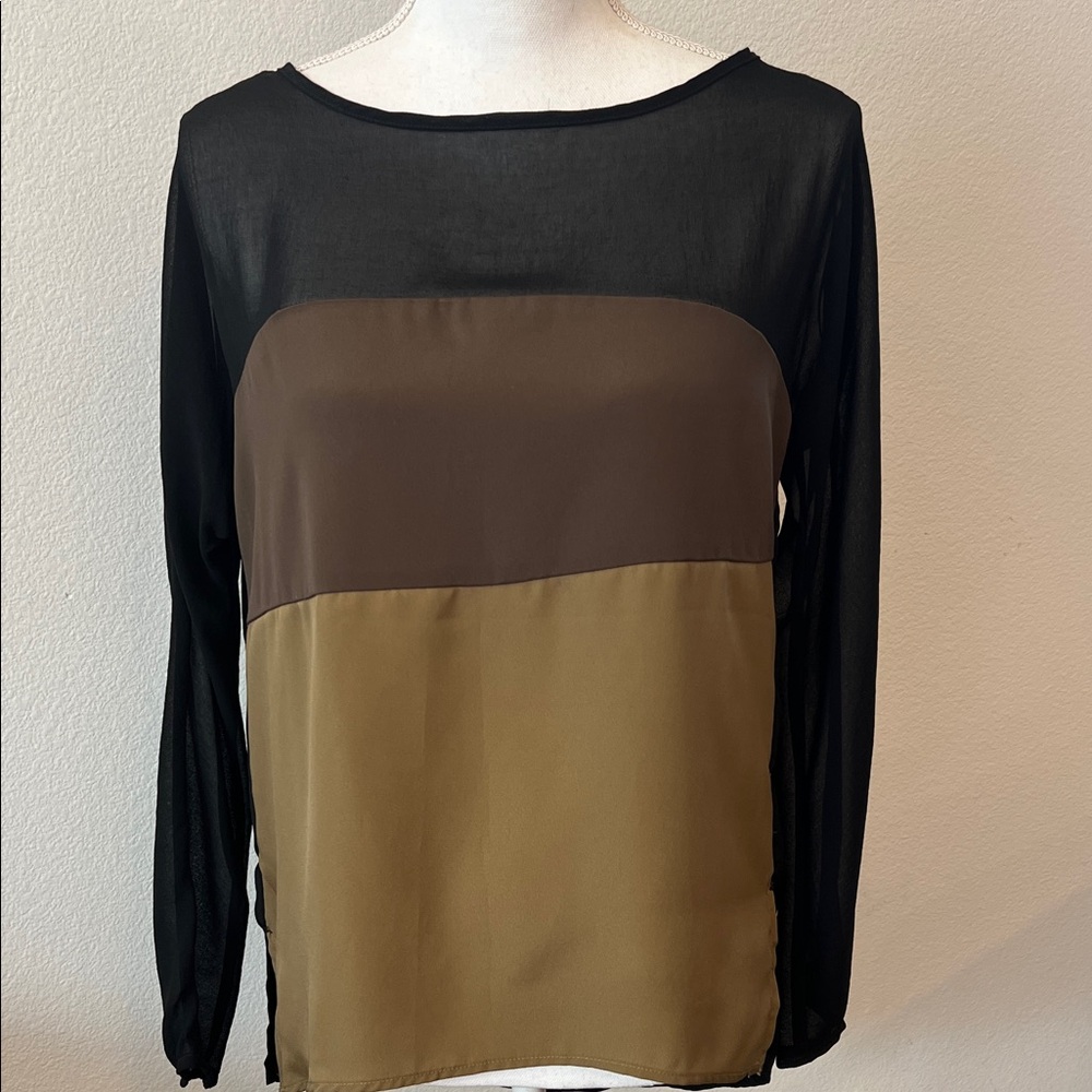 NWOT S Mango Black Sheer Long-Sleeve Colorblock Top with Brown and Olive Panels
